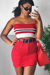 Red Stripe Knit Frill Bandeau Crop Top - Poppy-Crop Tops