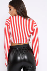 Red Stripe Knot Front Crop Top with Flare Sleeves - Jamison-Crop Tops
