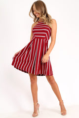 Red Stripe Multi Strap Skater Dress - Kadince-Dresses