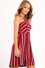 Red Stripe Multi Strap Skater Dress - Kadince-Dresses