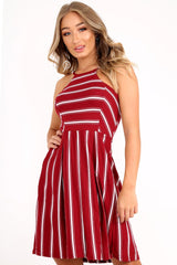 Red Stripe Multi Strap Skater Dress - Kadince-Dresses