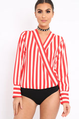 Red Stripe Plunge Satin Bodysuit - North-Bodysuits