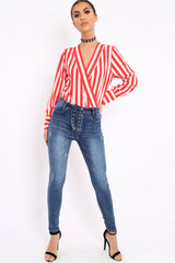 Red Stripe Plunge Satin Bodysuit - North-Bodysuits