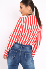 Red Stripe Plunge Satin Bodysuit - North-Bodysuits