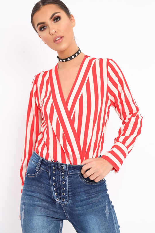 Red Stripe Plunge Satin Bodysuit - North