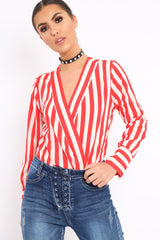 Red Stripe Plunge Satin Bodysuit - North-Bodysuits