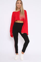Red Striped Cropped Batwing Jumper with V neck - Karri-Jumper