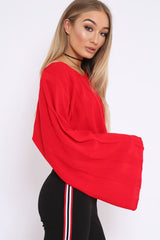 Red Striped Cropped Batwing Jumper with V neck - Karri-Jumper