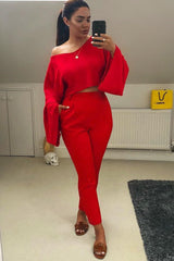 Red Striped Cropped Batwing Jumper with V neck - Karri-Jumper