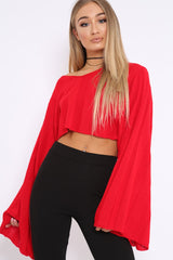 Red Striped Cropped Batwing Jumper with V neck - Karri-Jumper