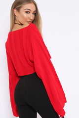 Red Striped Cropped Batwing Jumper with V neck - Karri-Jumper