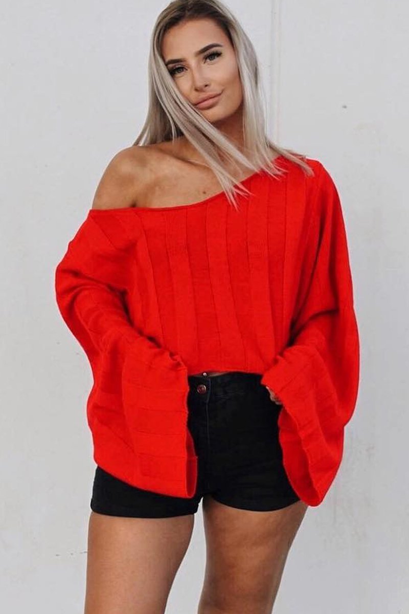 Red Striped Cropped Batwing Jumper with V neck - Karri-Jumper