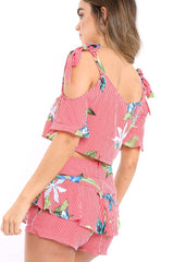 Red Striped Floral Cold Shoulder Top - Madalene-Tops