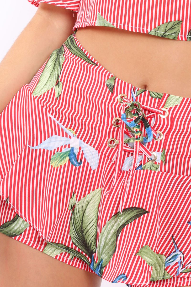 Red Striped Floral Cold Shoulder Top - Madalene-Tops
