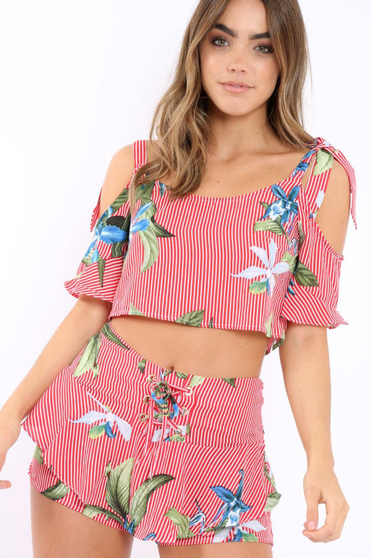 Red Striped Floral Cold Shoulder Top - Madalene