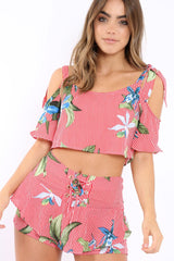 Red Striped Floral Cold Shoulder Top - Madalene-Tops