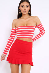 Red Striped Lace Up Back Crop Top - Cerys-Tops
