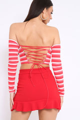 Red Striped Lace Up Back Crop Top - Cerys-Tops