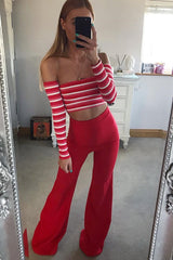Red Striped Lace Up Back Crop Top - Cerys-Tops
