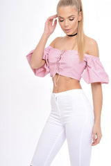 Red Striped Lace Up Bardot Crop Top - Malin-Crop Tops