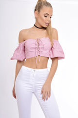 Red Striped Lace Up Bardot Crop Top - Malin-Crop Tops