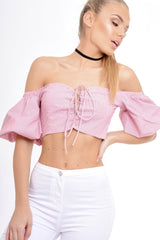 Red Striped Lace Up Bardot Crop Top - Malin-Crop Tops