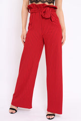 Red Striped Paper Bag Tie Waist Wide Leg Trousers - Kennedy-Trousers