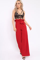 Red Striped Paper Bag Tie Waist Wide Leg Trousers - Kennedy-Trousers