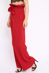 Red Striped Paper Bag Tie Waist Wide Leg Trousers - Kennedy-Trousers