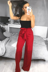 Red Striped Paper Bag Tie Waist Wide Leg Trousers - Kennedy-Trousers