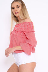 Red Striped Shirred Bardot Top - Jamaiya-Tops