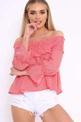 Red Striped Shirred Bardot Top - Jamaiya-Tops