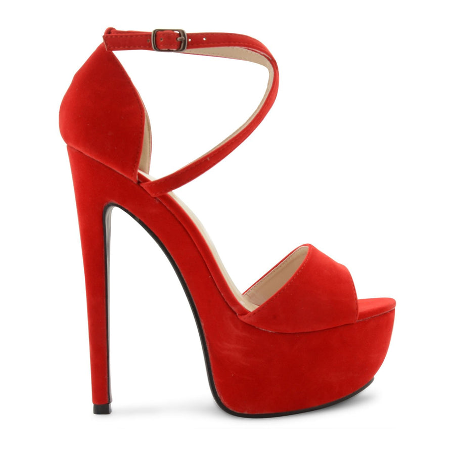 Red Suede Cross Over Strap Platform Heels - Martha-Heels