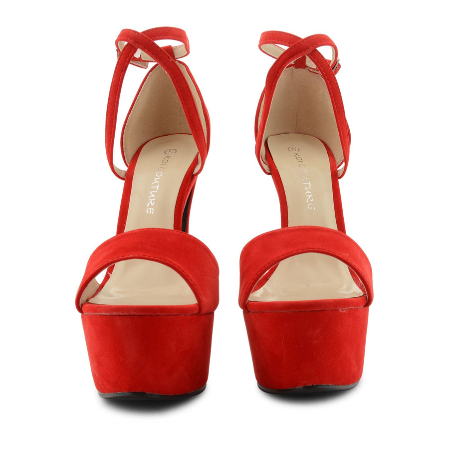 Red Suede Cross Over Strap Platform Heels - Martha-Heels