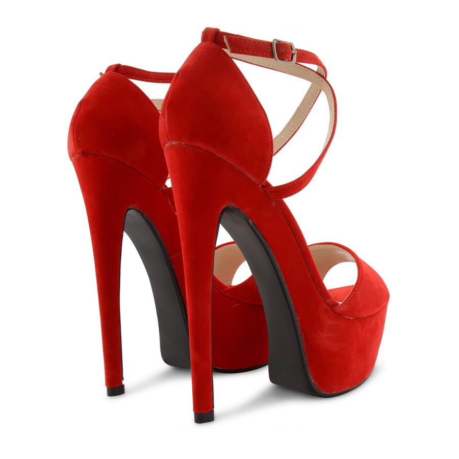 Red Suede Cross Over Strap Platform Heels - Martha-Heels