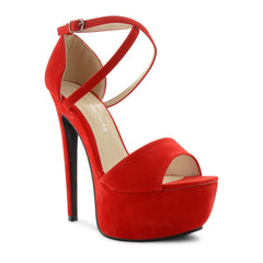 Red Suede Cross Over Strap Platform Heels - Martha-Heels