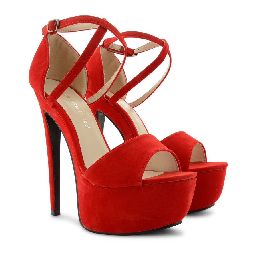 Red Suede Cross Over Strap Platform Heels - Martha-Heels