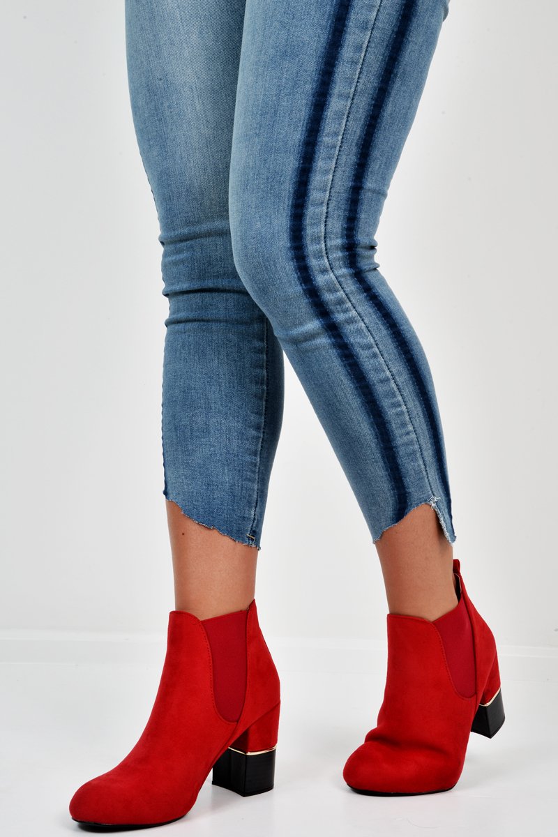 Red Suede Gold Detail Heeled Ankle Boots - Annison-Boots