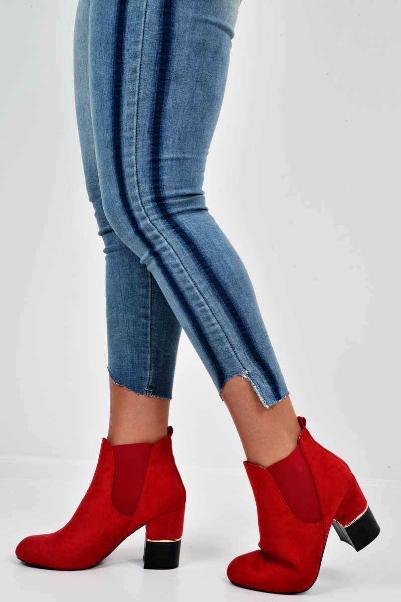 Red Suede Gold Detail Heeled Ankle Boots - Annison-Boots
