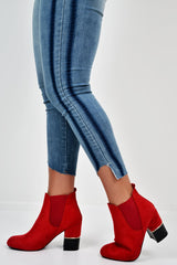 Red Suede Gold Detail Heeled Ankle Boots - Annison-Boots