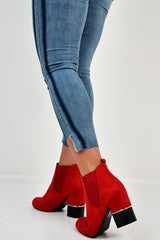 Red Suede Gold Detail Heeled Ankle Boots - Annison-Boots