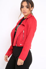 Red Suedette Biker Jacket - Rachel-Jackets