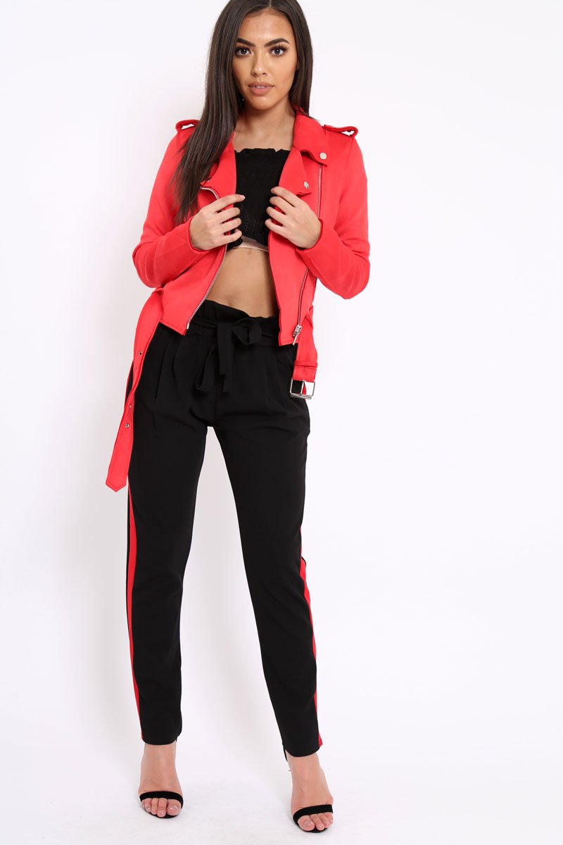 Red Suedette Biker Jacket with Waist Belt - Roxanne-Jackets