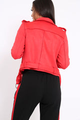 Red Suedette Biker Jacket with Waist Belt - Roxanne-Jackets