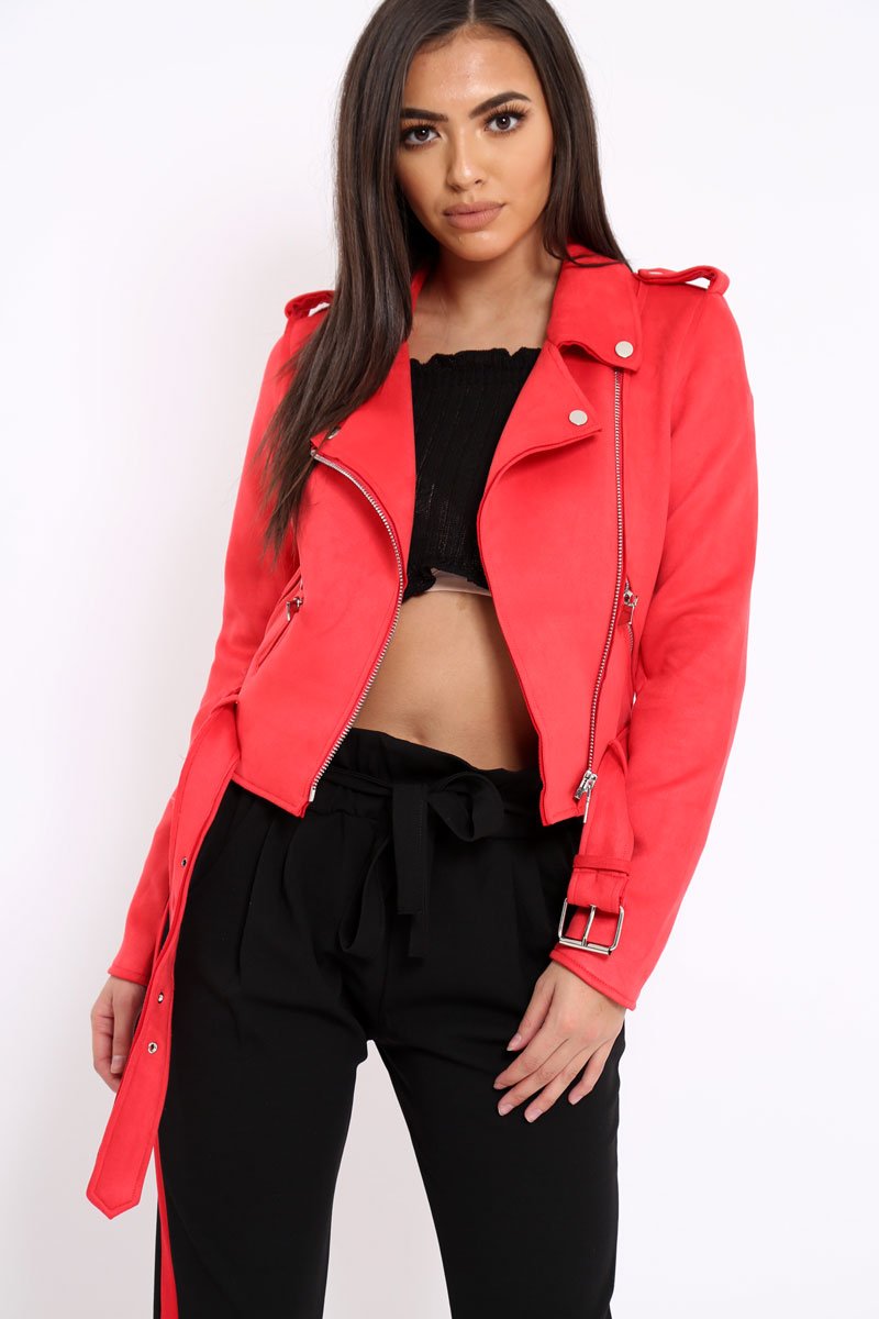 Red Suedette Biker Jacket with Waist Belt - Roxanne-Jackets