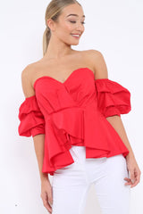 Red Sweet Heart Bardot Top with Ruched Sleeves - Kinza-Tops