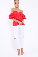 Red Sweet Heart Bardot Top with Ruched Sleeves - Kinza-Tops