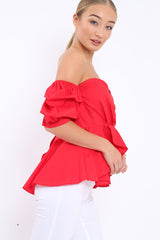 Red Sweet Heart Bardot Top with Ruched Sleeves - Kinza-Tops