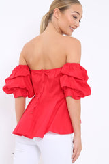 Red Sweet Heart Bardot Top with Ruched Sleeves - Kinza-Tops