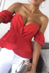 Red Sweet Heart Bardot Top with Ruched Sleeves - Kinza-Tops